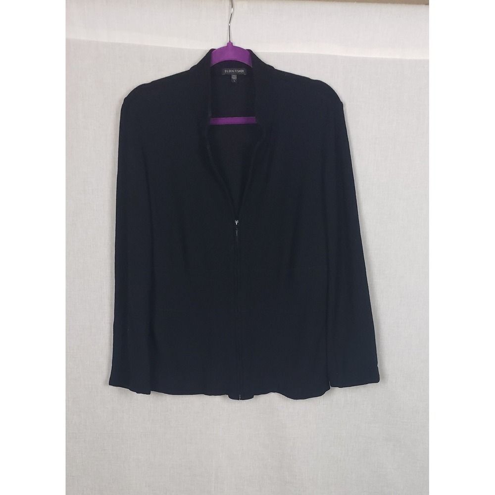 Eileen Fisher Black Zip Front Cardigan Sweater M 100% Wool Fall Cozy Classy Chic